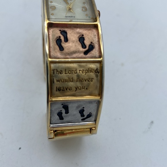 Women’s Quartz goldtone Footsteps spiritual Christian cuff watch needs battery - Picture 4 of 7